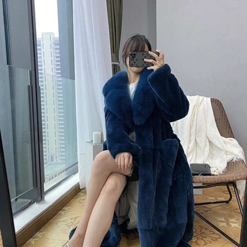 Fashion Elegant Soft Faux Fur Coat Long Warm Overcoat Winter Women V Lapel Greatcoat Belt Pockets Loose Parka 9 Colors