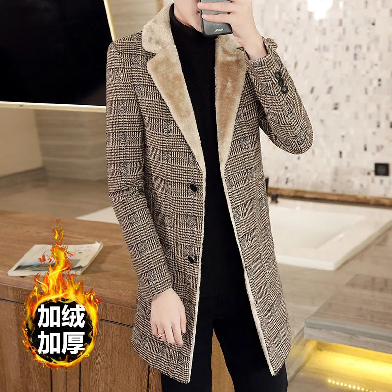 2022 Winter Plus Velvet Jackets Men Long Casual Business Trench Coat Wool Blends Jacket Social Streetwear Overcoat Windbreaker