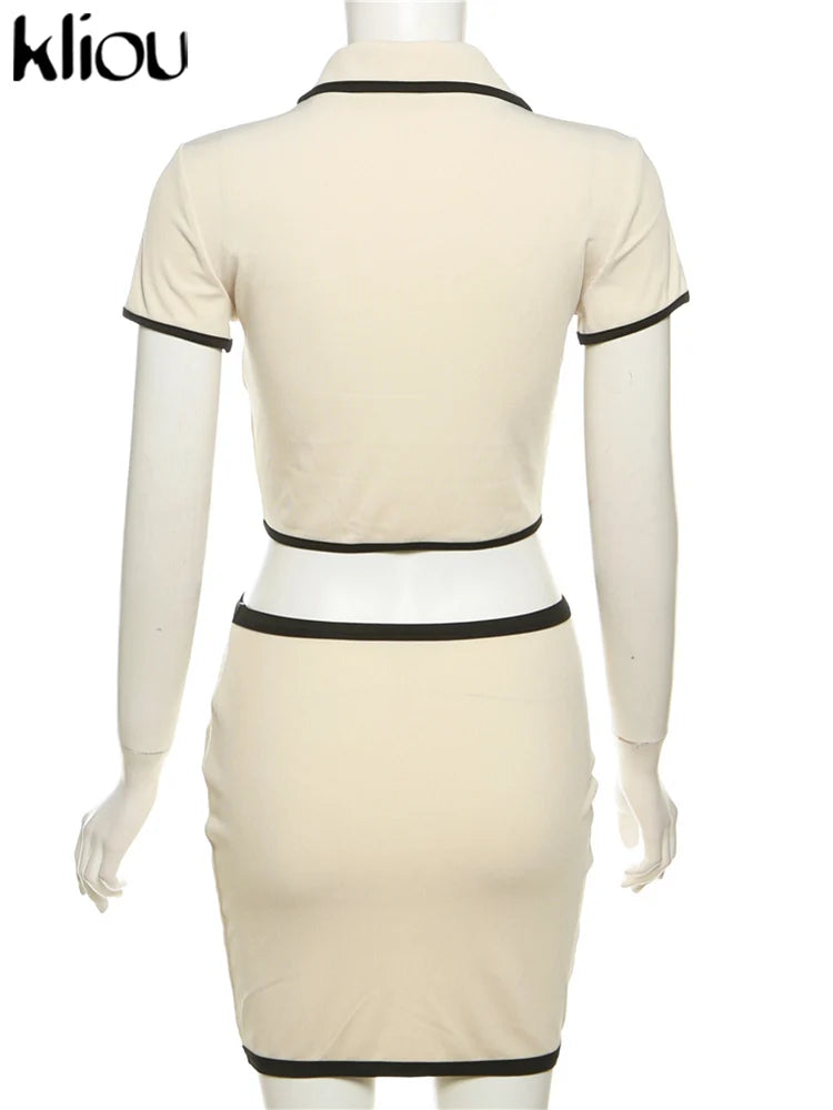 Casual Office 2 Piece Set Women Concise Single Breasted Lapel Striped Panelled Tops+Slim Skirts