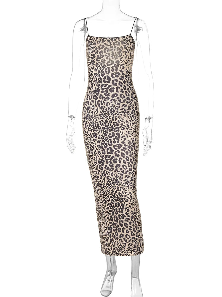 Fashion Leopard Print Slips Backless Sexy Bodycon Maxi Dress