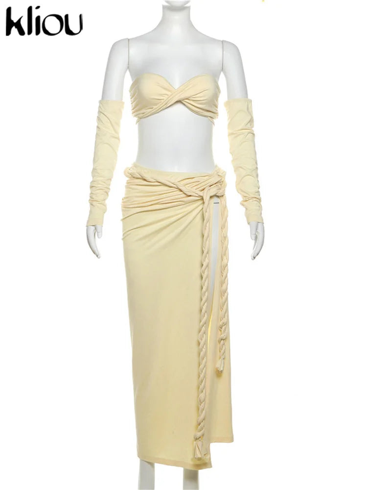 Sexy 2 Piece Set Women Chic Cross Lace Up Bra Tops+Separately Sleeve+Woven Strap Ruched Split Skirts Female Party Outfits