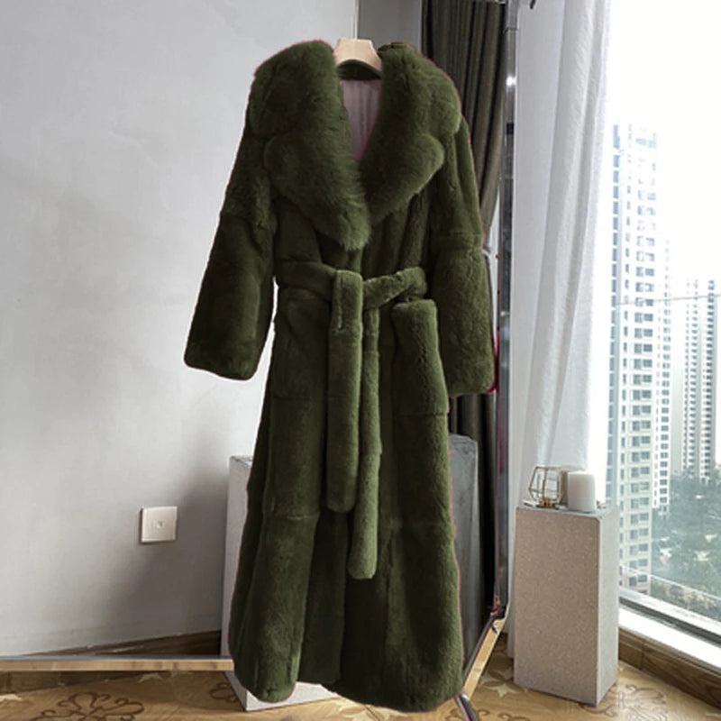 Fashion Elegant Soft Faux Fur Coat Long Warm Overcoat Winter Women V Lapel Greatcoat Belt Pockets Loose Parka 9 Colors