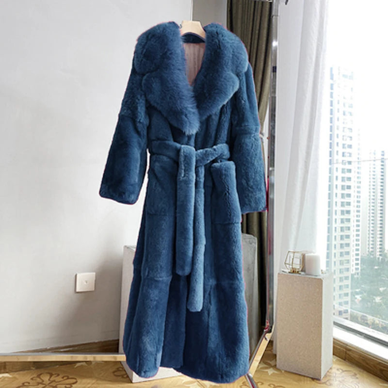 Fashion Elegant Soft Faux Fur Coat Long Warm Overcoat Winter Women V Lapel Greatcoat Belt Pockets Loose Parka 9 Colors