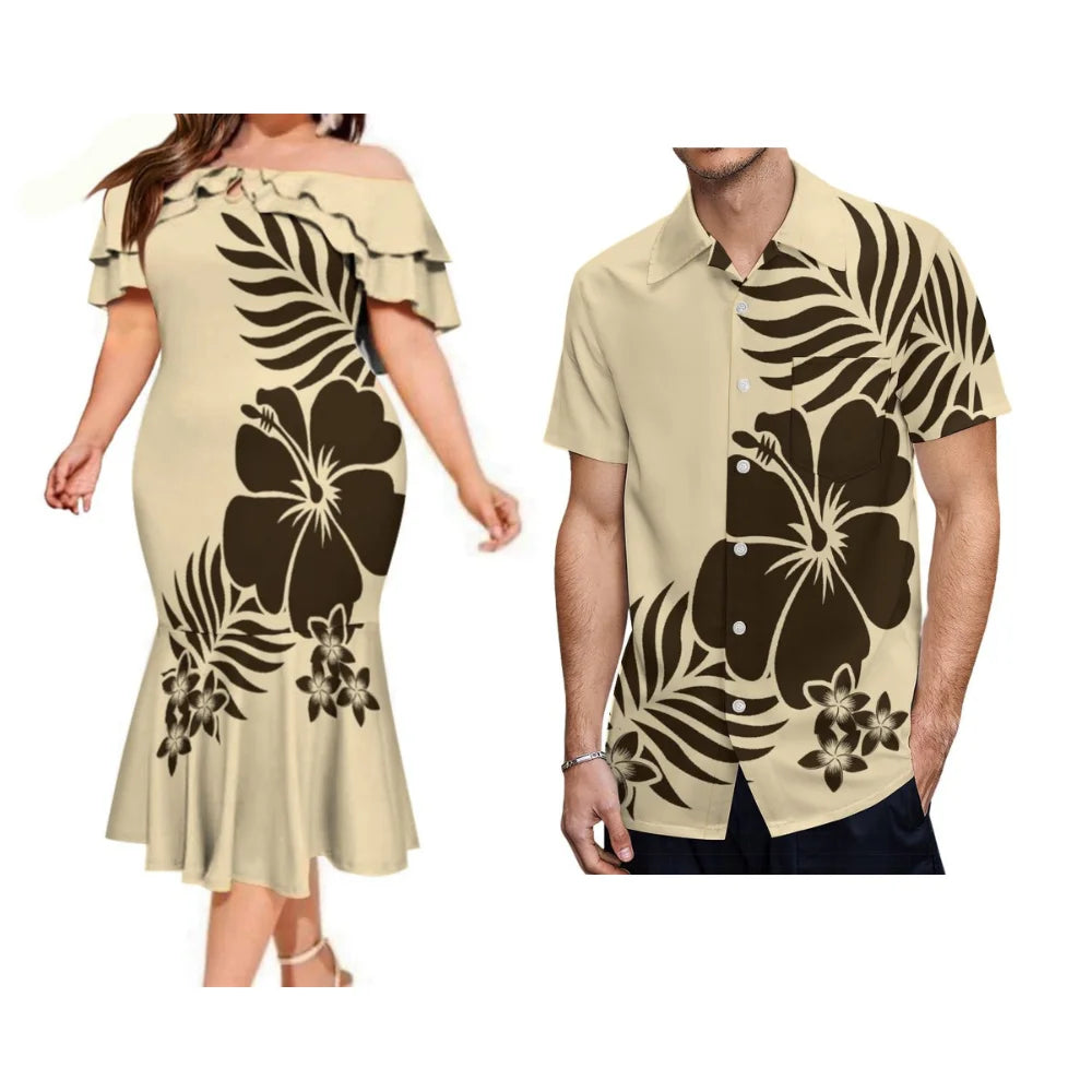 Summer Samoan Couple Suit Women'S Short-Sleeved Dress Party Fashion Fishtail Skirt And Men'S Shirt Polynesian Island Clothing