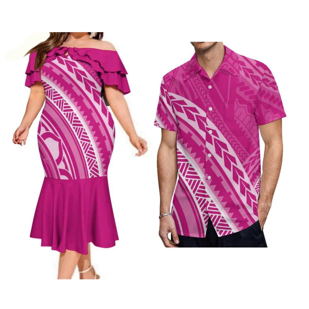 Summer Samoan Couple Suit Women'S Short-Sleeved Dress Party Fashion Fishtail Skirt And Men'S Shirt Polynesian Island Clothing