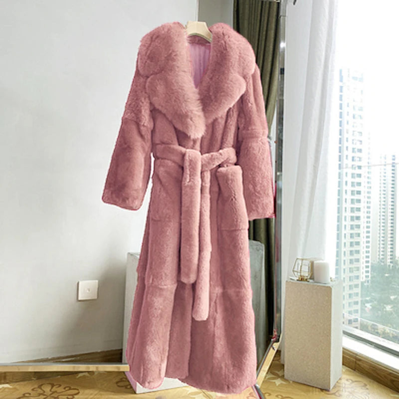 Fashion Elegant Soft Faux Fur Coat Long Warm Overcoat Winter Women V Lapel Greatcoat Belt Pockets Loose Parka 9 Colors