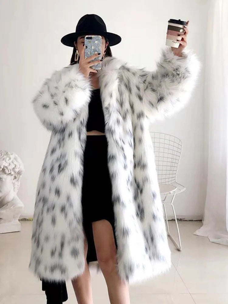 ZADORIN New Winter Korean Fashion Fluffy Warm Faux Fur Jacket Women Lapel Long Elegant White Leopard Faux Mink Fur Coat Jackets