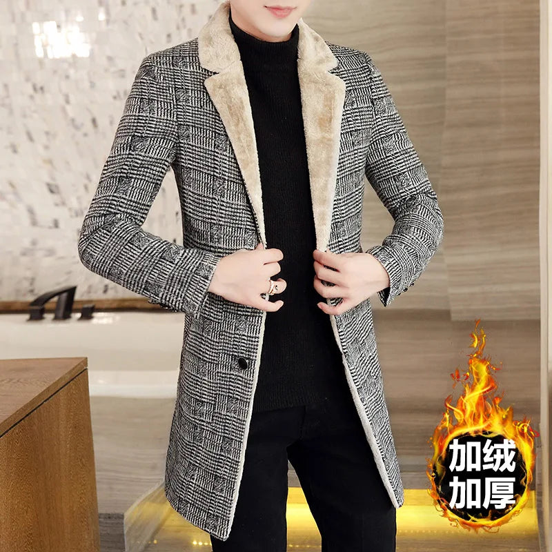 2022 Winter Plus Velvet Jackets Men Long Casual Business Trench Coat Wool Blends Jacket Social Streetwear Overcoat Windbreaker