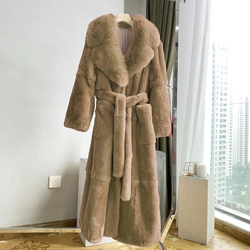 Fashion Elegant Soft Faux Fur Coat Long Warm Overcoat Winter Women V Lapel Greatcoat Belt Pockets Loose Parka 9 Colors