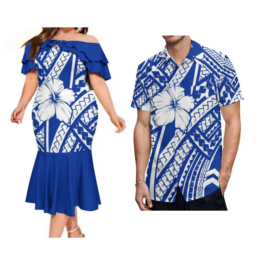 Summer Samoan Couple Suit Women'S Short-Sleeved Dress Party Fashion Fishtail Skirt And Men'S Shirt Polynesian Island Clothing