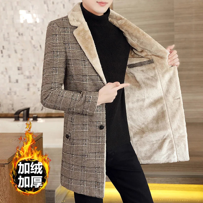 2022 Winter Plus Velvet Jackets Men Long Casual Business Trench Coat Wool Blends Jacket Social Streetwear Overcoat Windbreaker