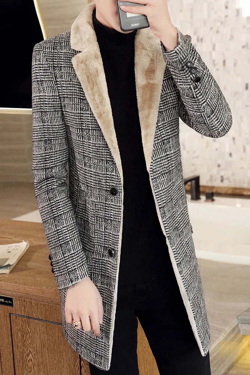 2022 Winter Plus Velvet Jackets Men Long Casual Business Trench Coat Wool Blends Jacket Social Streetwear Overcoat Windbreaker