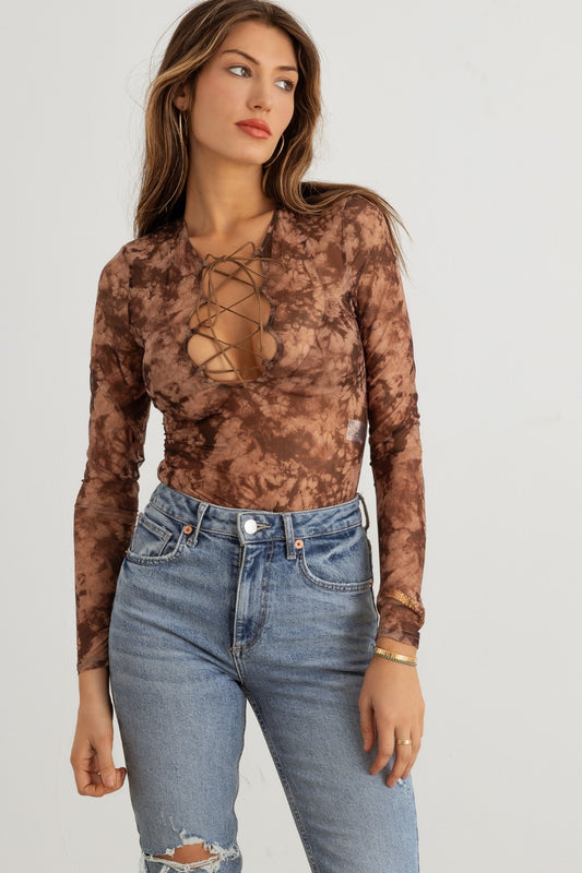 COLLECTION Abstract Mesh Lace-Up Long Sleeve Bodysuit