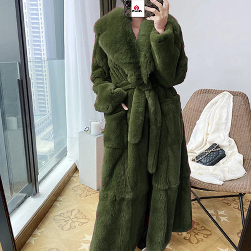 Fashion Elegant Soft Faux Fur Coat Long Warm Overcoat Winter Women V Lapel Greatcoat Belt Pockets Loose Parka 9 Colors