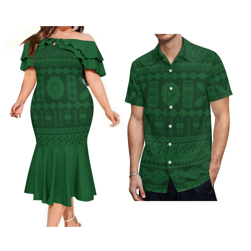 Summer Samoan Couple Suit Women'S Short-Sleeved Dress Party Fashion Fishtail Skirt And Men'S Shirt Polynesian Island Clothing