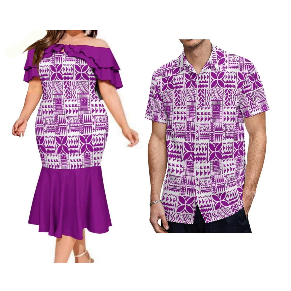 Summer Samoan Couple Suit Women'S Short-Sleeved Dress Party Fashion Fishtail Skirt And Men'S Shirt Polynesian Island Clothing