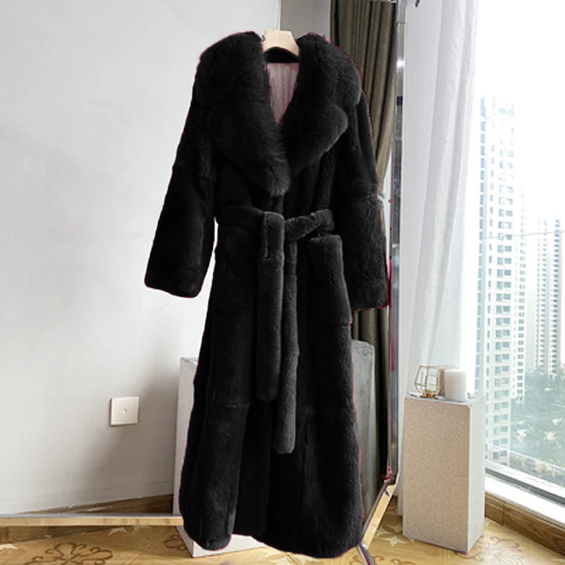 Fashion Elegant Soft Faux Fur Coat Long Warm Overcoat Winter Women V Lapel Greatcoat Belt Pockets Loose Parka 9 Colors