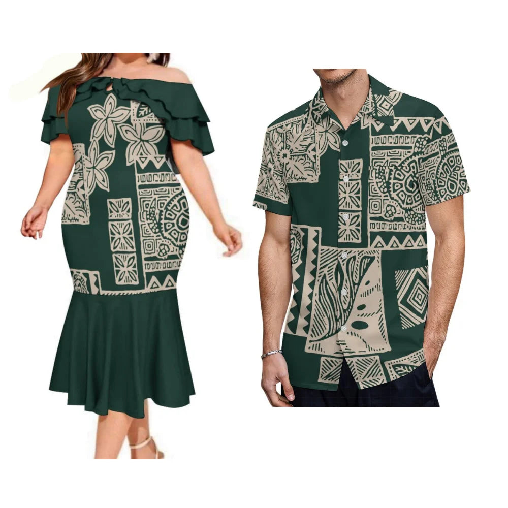 Summer Samoan Couple Suit Women'S Short-Sleeved Dress Party Fashion Fishtail Skirt And Men'S Shirt Polynesian Island Clothing