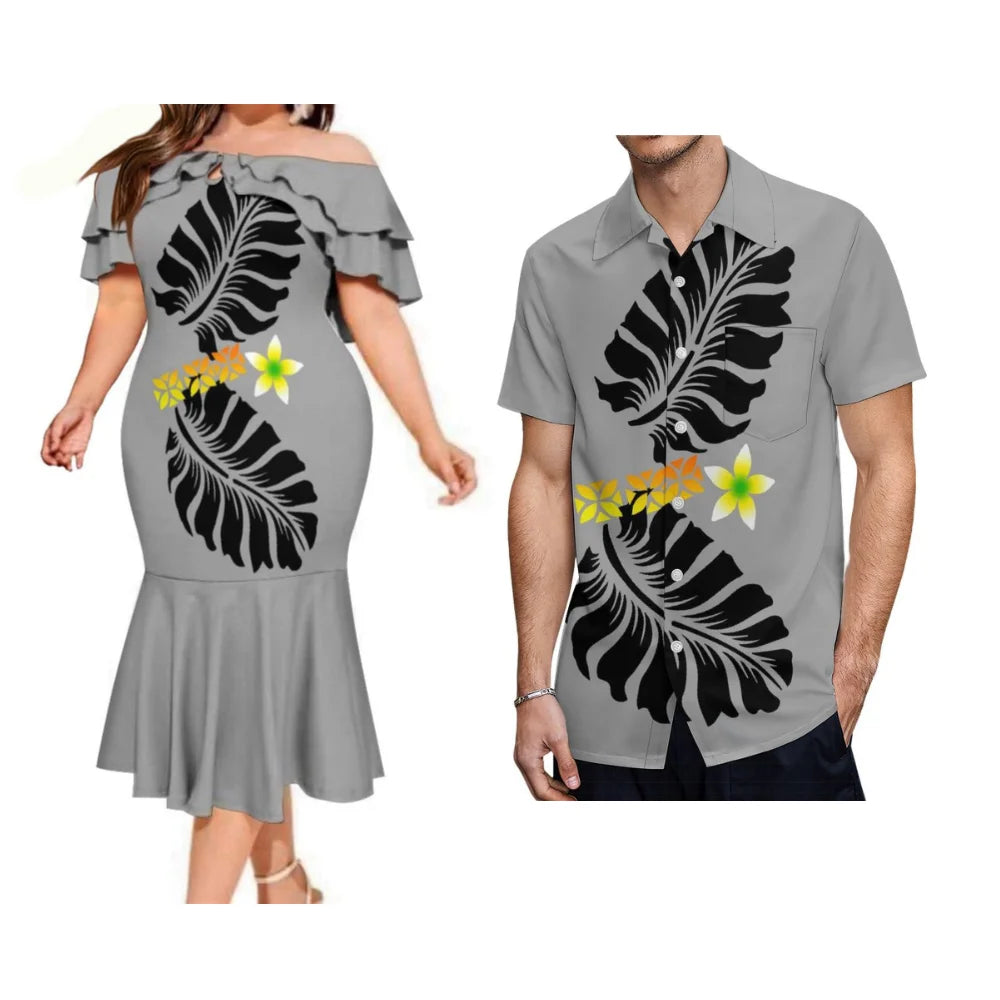 Summer Samoan Couple Suit Women'S Short-Sleeved Dress Party Fashion Fishtail Skirt And Men'S Shirt Polynesian Island Clothing