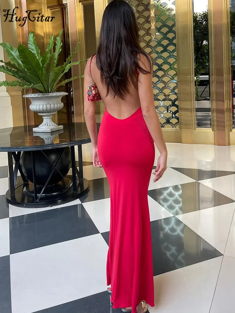 Spring Solid Sleeveless Backless Elegant Sexy Bodycon