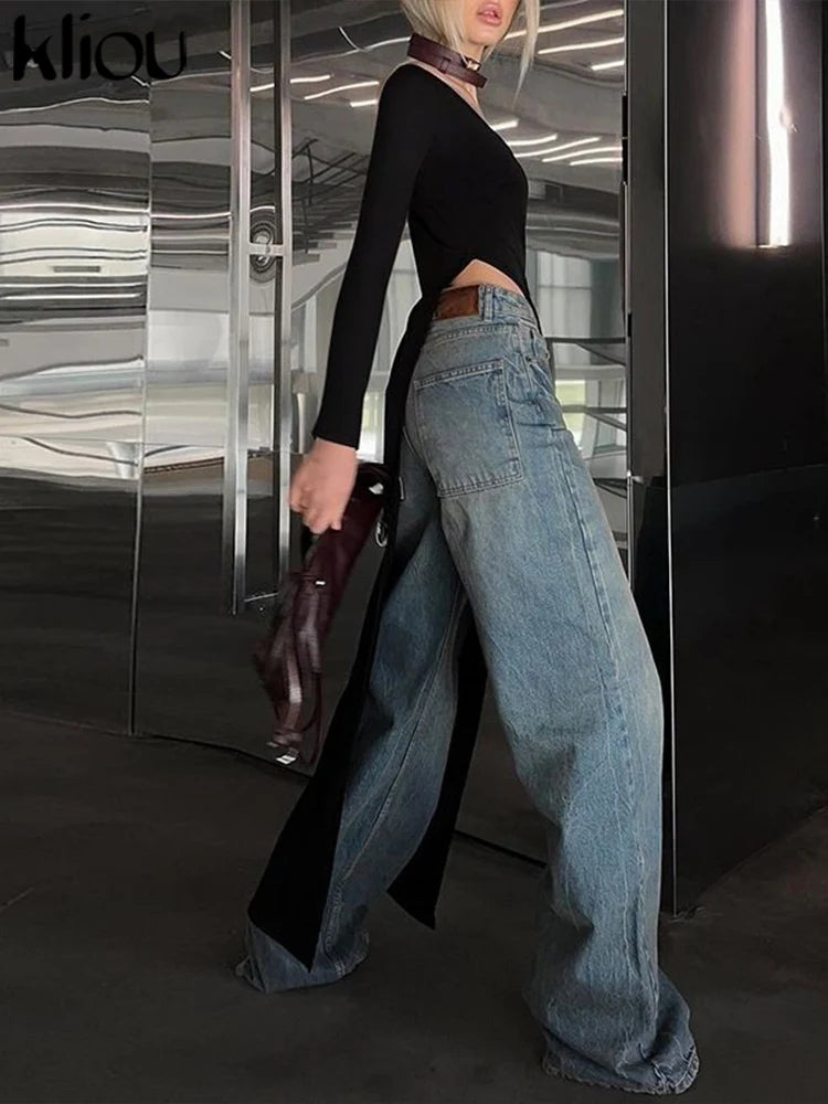 Solid Unique Women Tops Classic Full Sleeve U-neck Skinny Splited