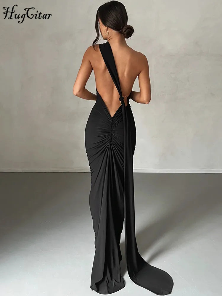 One Shoulder Backless Adjustable Scarf Loop Ruched Sexy Maxi