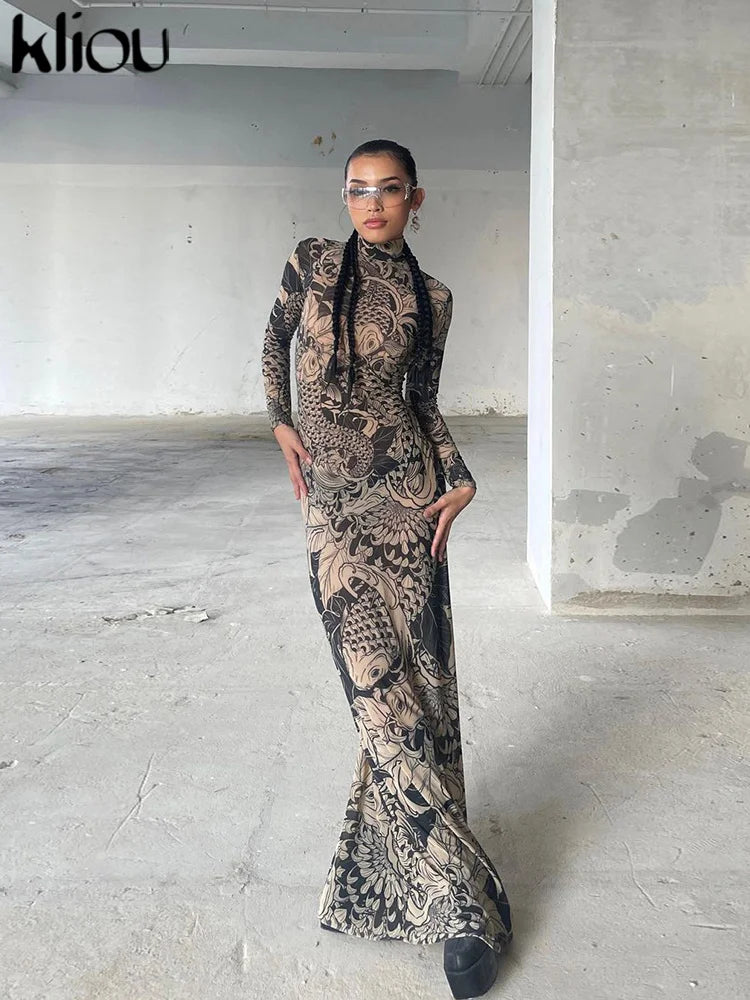 Mesh Vintage Print Maxi Dress