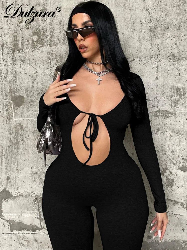 Solid Pure Hole Hollow Out Straps Lace-Up Jumpsuit Long Sleeves 2023 Summer Autumn For Women Sexy Streetwear Wholesale
