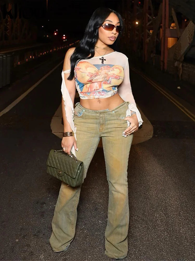 Mesh Portrait Print Asymmetrical T-shirts