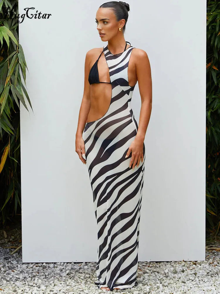 Mesh Sleeveless Striped Print Matching Color Hollow Out Sexy Maxi Dress
