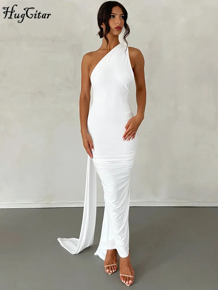 One Shoulder Backless Adjustable Scarf Loop Ruched Sexy Maxi