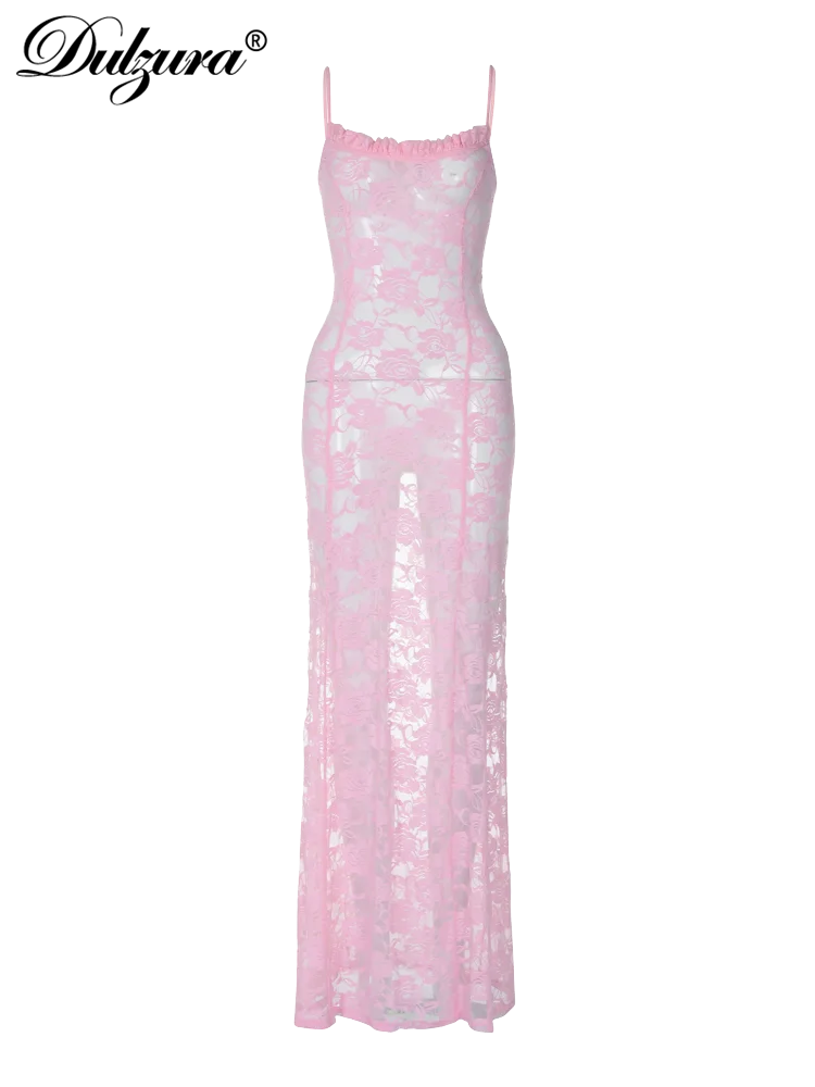 Lace Hook Flower Hollow Backless Straps Maxi Dress See Through 2024 Women Birthday Evening Party Clubwear Summer Autumn