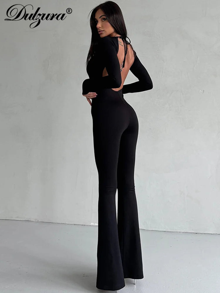 Straps Backless Jumpsuit Long Sleeves Bell-Bottomed Pants 2023 Winter Clothing Sexy Body-Shaping Clubwear Birthday Party