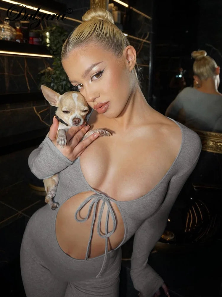 Solid Pure Hole Hollow Out Straps Lace-Up Jumpsuit Long Sleeves 2023 Summer Autumn For Women Sexy Streetwear Wholesale