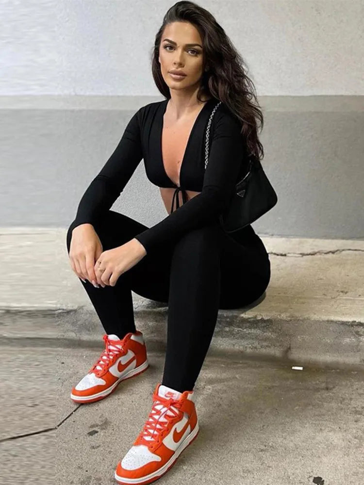 Solid Jumpsuit Drawstring Cleavage Waist Out One Piece