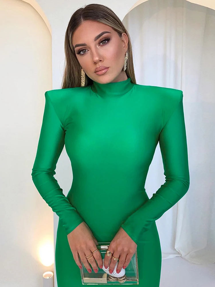 Solid Long Sleeve With Shoulder Pads Turtleneck Maxi Dress
