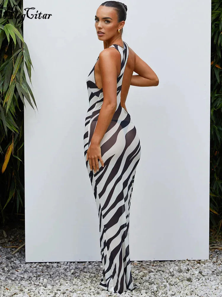 Mesh Sleeveless Striped Print Matching Color Hollow Out Sexy Maxi Dress