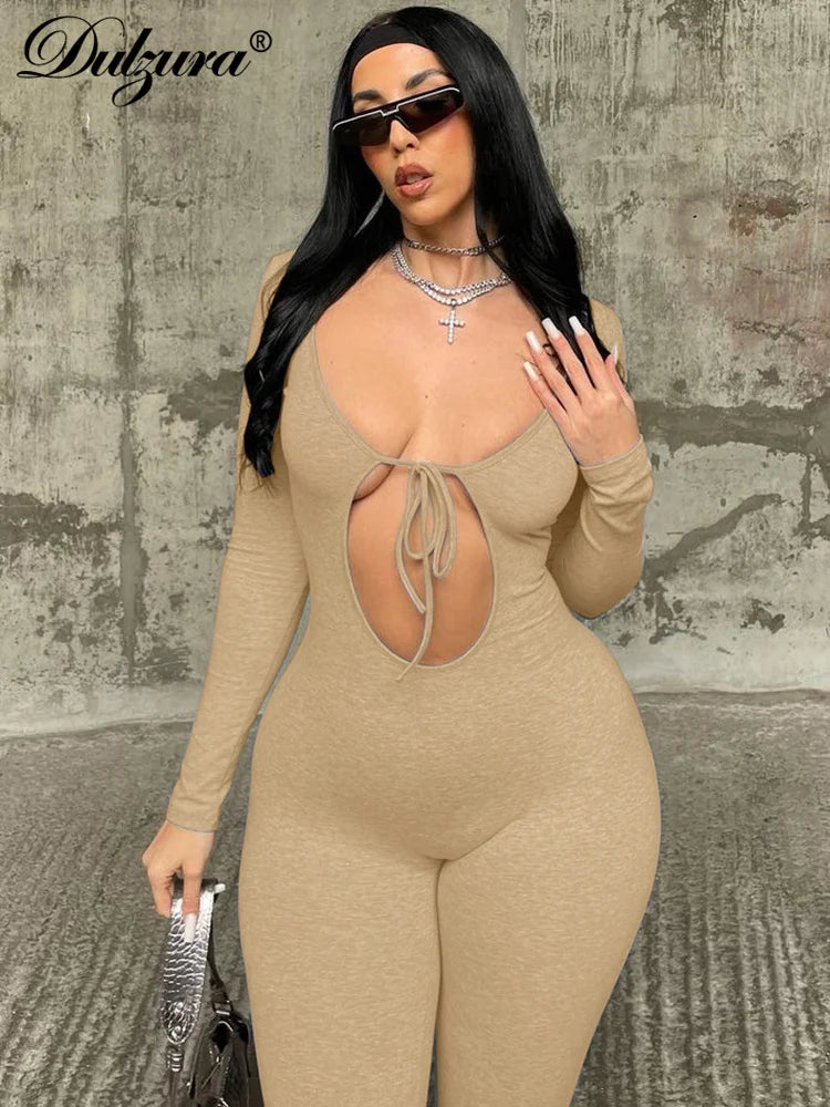 Solid Pure Hole Hollow Out Straps Lace-Up Jumpsuit Long Sleeves 2023 Summer Autumn For Women Sexy Streetwear Wholesale