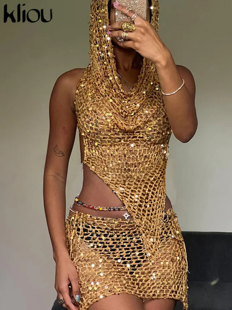 Woven Hooded Solid Two Piece Set Bronzing Sleeveless Asymmetrical Bandage Backless Tops+Matching Hip Skirts