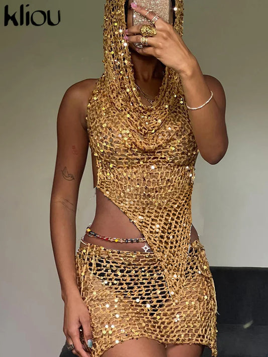 Woven Hooded Solid Two Piece Set Bronzing Sleeveless Asymmetrical Bandage Backless Tops+Matching Hip Skirts