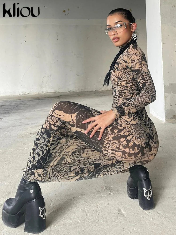 Mesh Vintage Print Maxi Dress