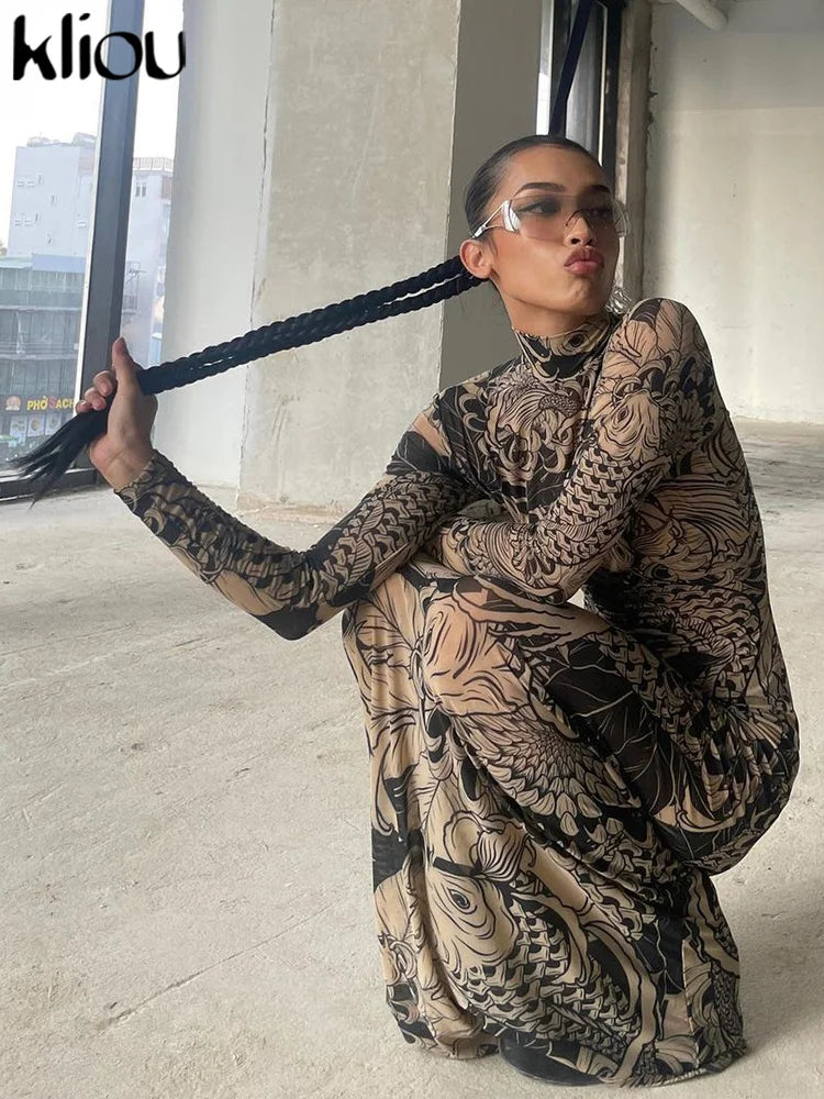 Mesh Vintage Print Maxi Dress