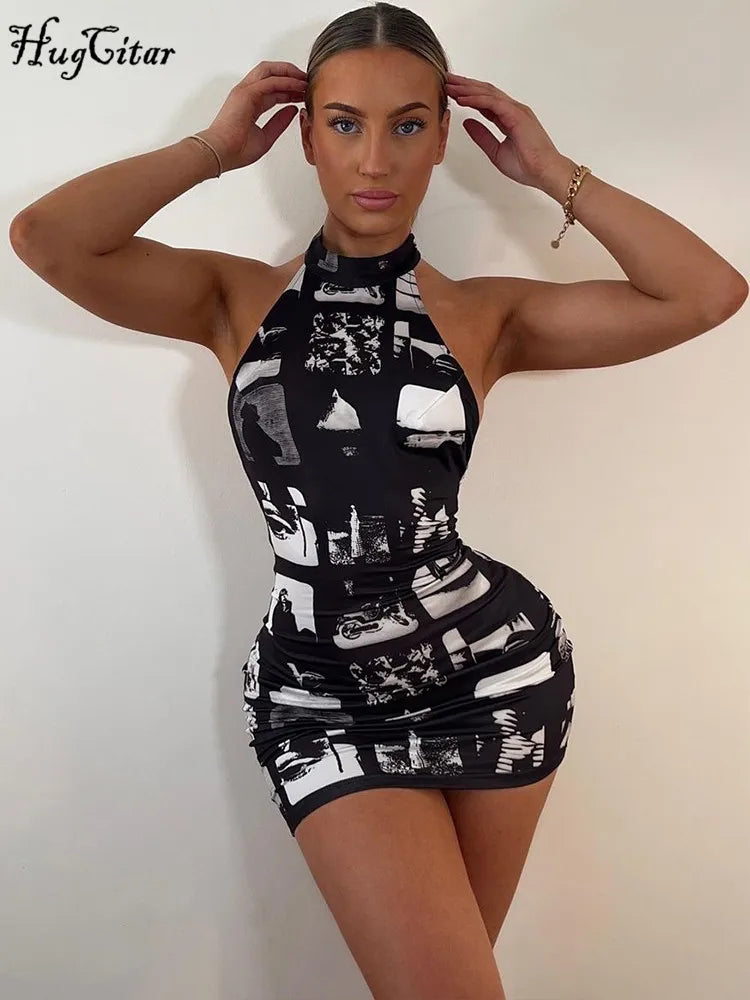 Vintage Print Halter Sleeveless Backless Sexy Slim Bodycon Mini Dress