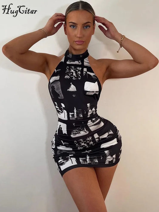 Vintage Print Halter Sleeveless Backless Sexy Slim Bodycon Mini Dress