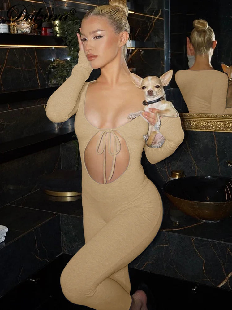 Solid Pure Hole Hollow Out Straps Lace-Up Jumpsuit Long Sleeves 2023 Summer Autumn For Women Sexy Streetwear Wholesale