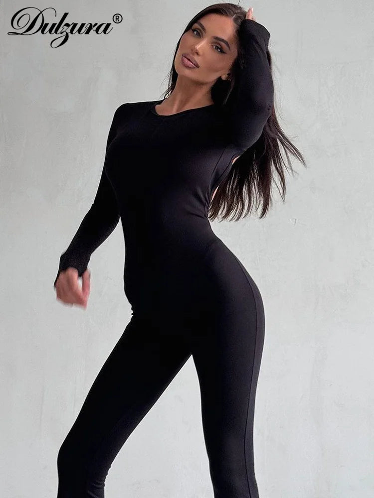 Straps Backless Jumpsuit Long Sleeves Bell-Bottomed Pants 2023 Winter Clothing Sexy Body-Shaping Clubwear Birthday Party
