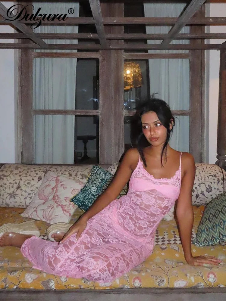 Lace Hook Flower Hollow Backless Straps Maxi Dress See Through 2024 Women Birthday Evening Party Clubwear Summer Autumn