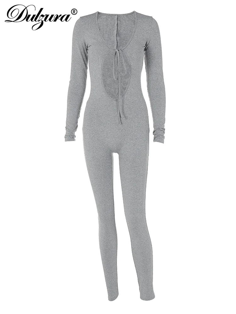 Solid Pure Hole Hollow Out Straps Lace-Up Jumpsuit Long Sleeves 2023 Summer Autumn For Women Sexy Streetwear Wholesale