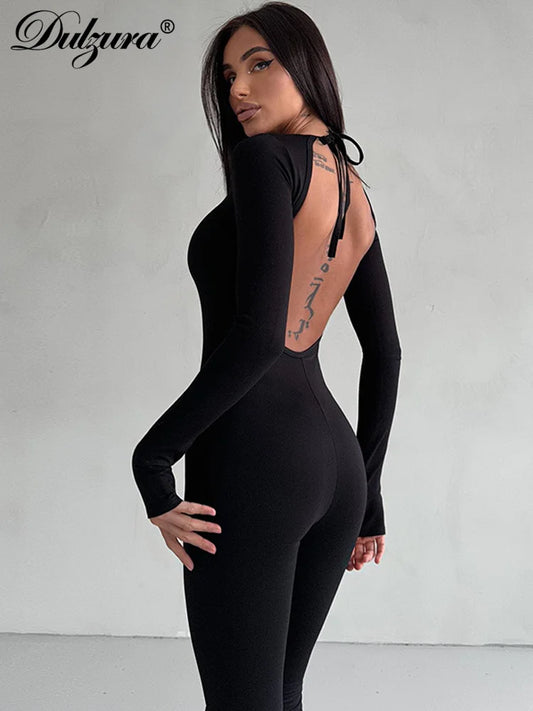 Straps Backless Jumpsuit Long Sleeves Bell-Bottomed Pants 2023 Winter Clothing Sexy Body-Shaping Clubwear Birthday Party