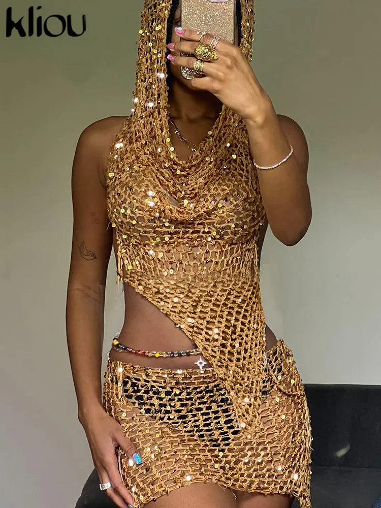 Woven Hooded Solid Two Piece Set Bronzing Sleeveless Asymmetrical Bandage Backless Tops+Matching Hip Skirts